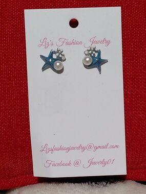 Liz's Fashion Jewelry Blue Starfish Pearl Stud Earrings